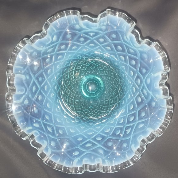 Vintage Fenton Diamond Lace Blue Opalescent Ruffle Top Pedestal Bowl - Picture 3 of 7